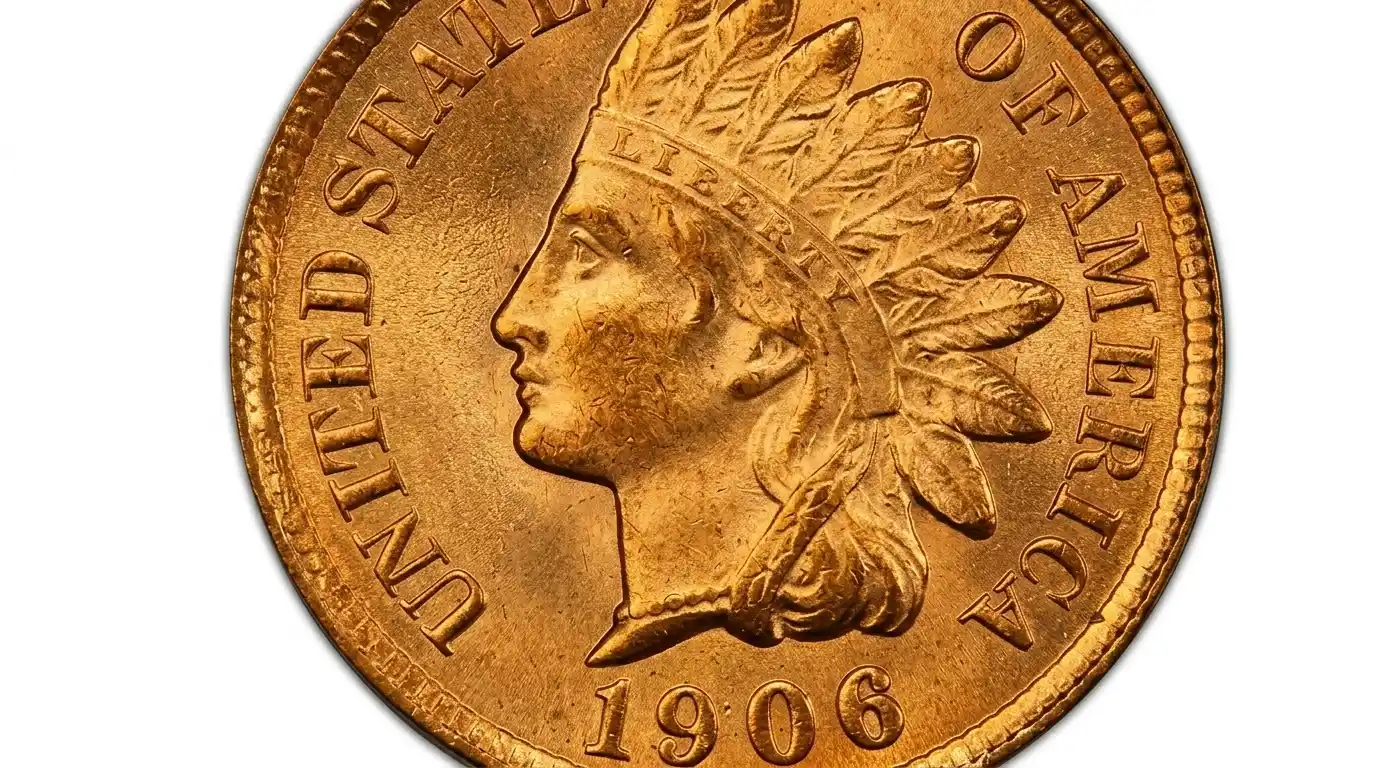 Close-up of 1906 Indian Head penny portrait and feather crown