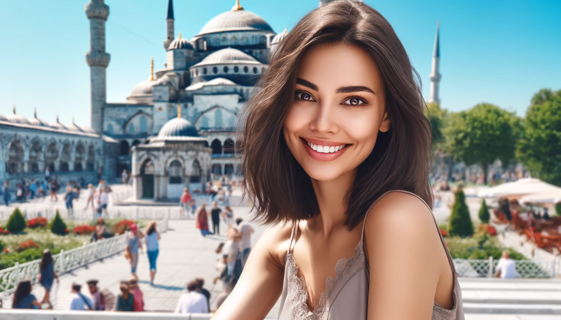 a smiling woman in Turkey, enjoying a sunny day at the Blue Mosque in Istanbul. She has medium-length dark hair, wearing a light summer dress, and is surrounded by the beautiful architecture of the mosque.