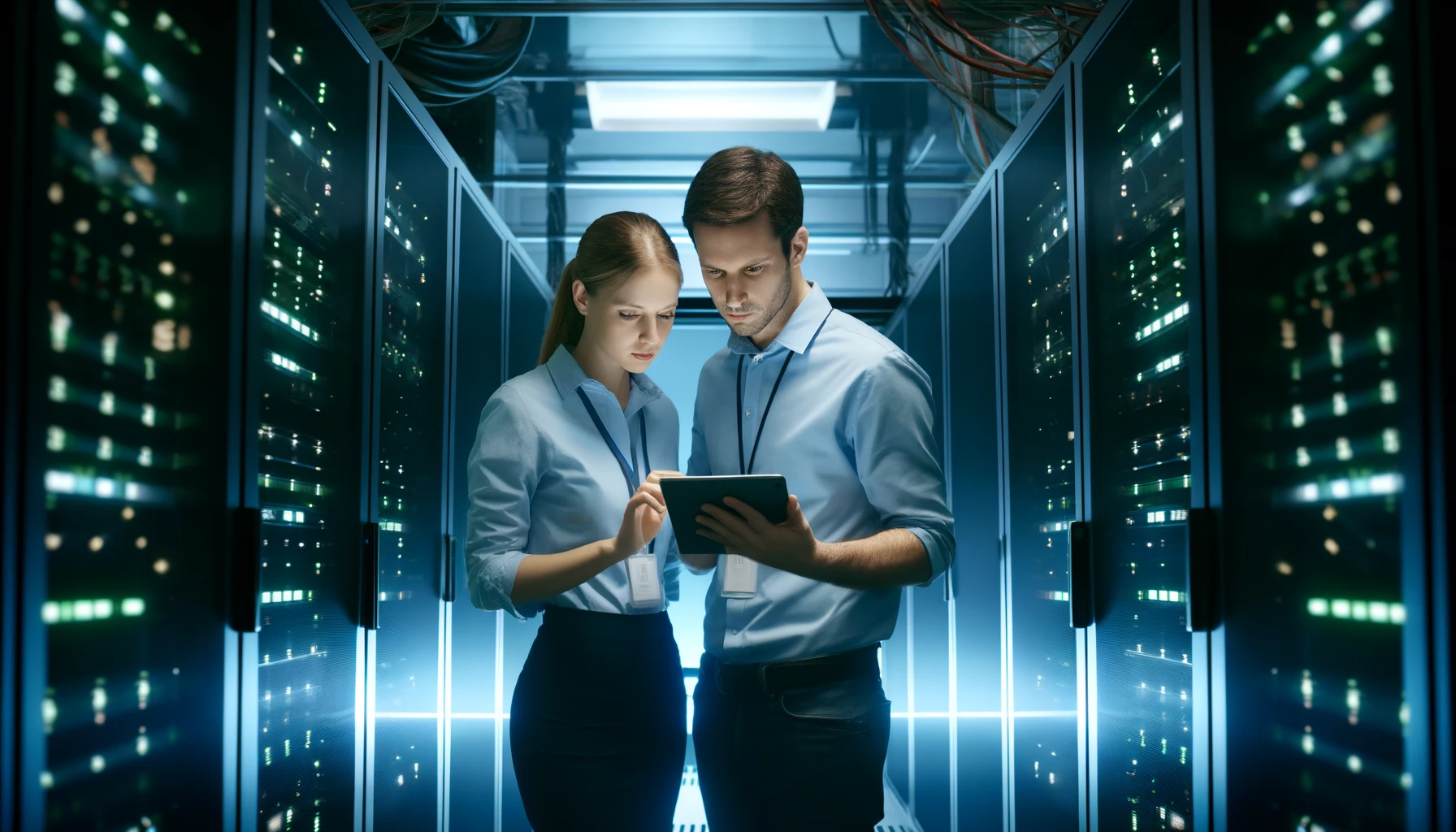 male and female maintenance engineer examining data on a digital tablet together in a server room