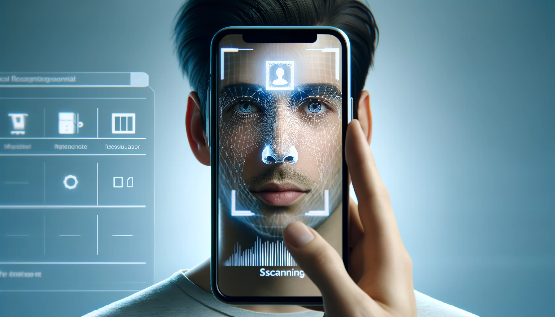 A young man using facial recognition technology on a mobile phone