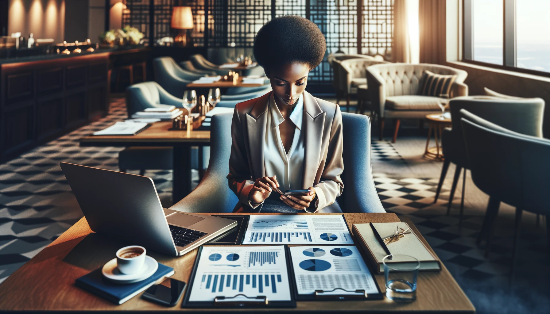 African-American woman analyzing a business graph on her smartphone while sitting at a restaurant desk