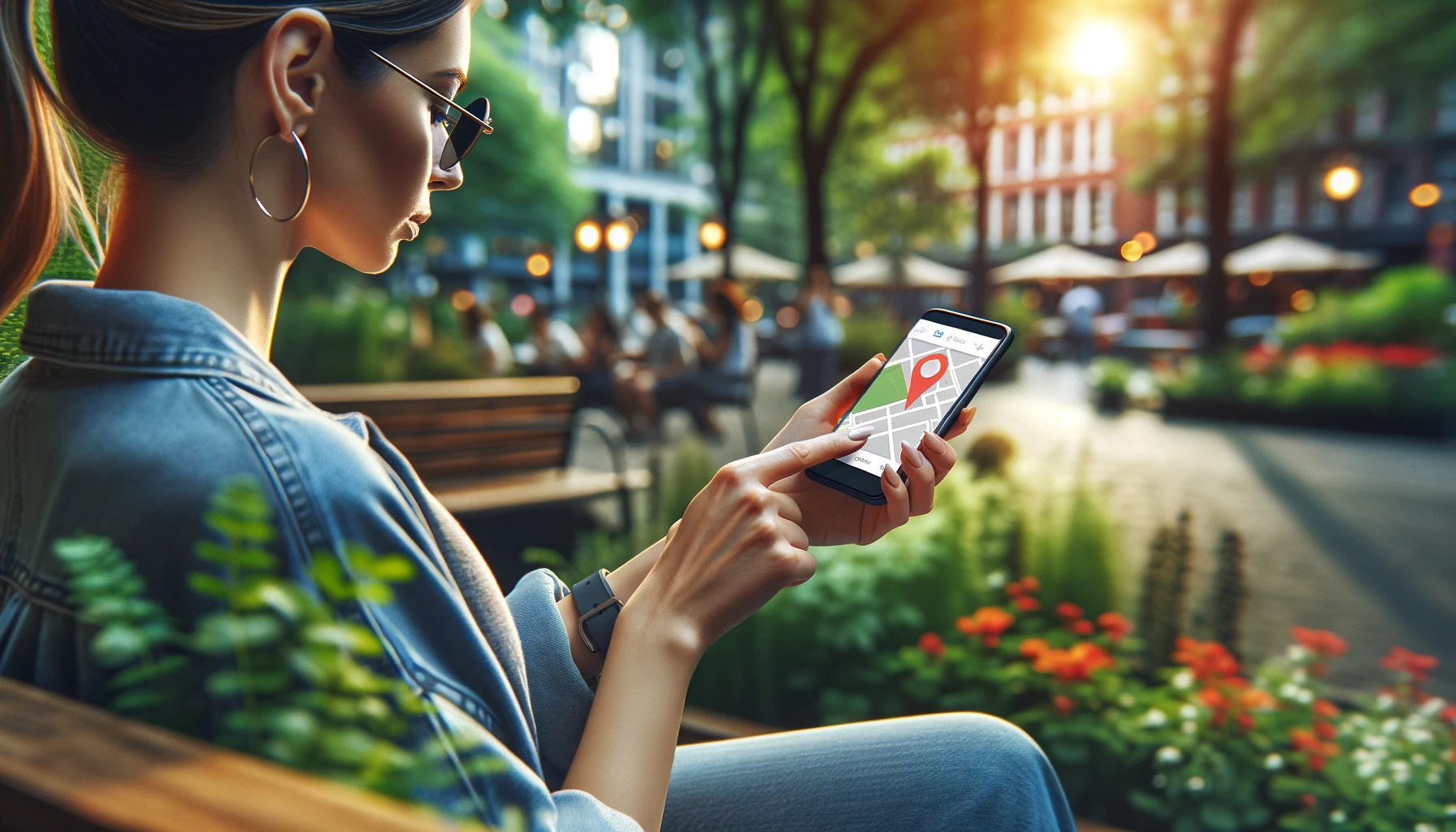 A woman using a location app on her smartphone