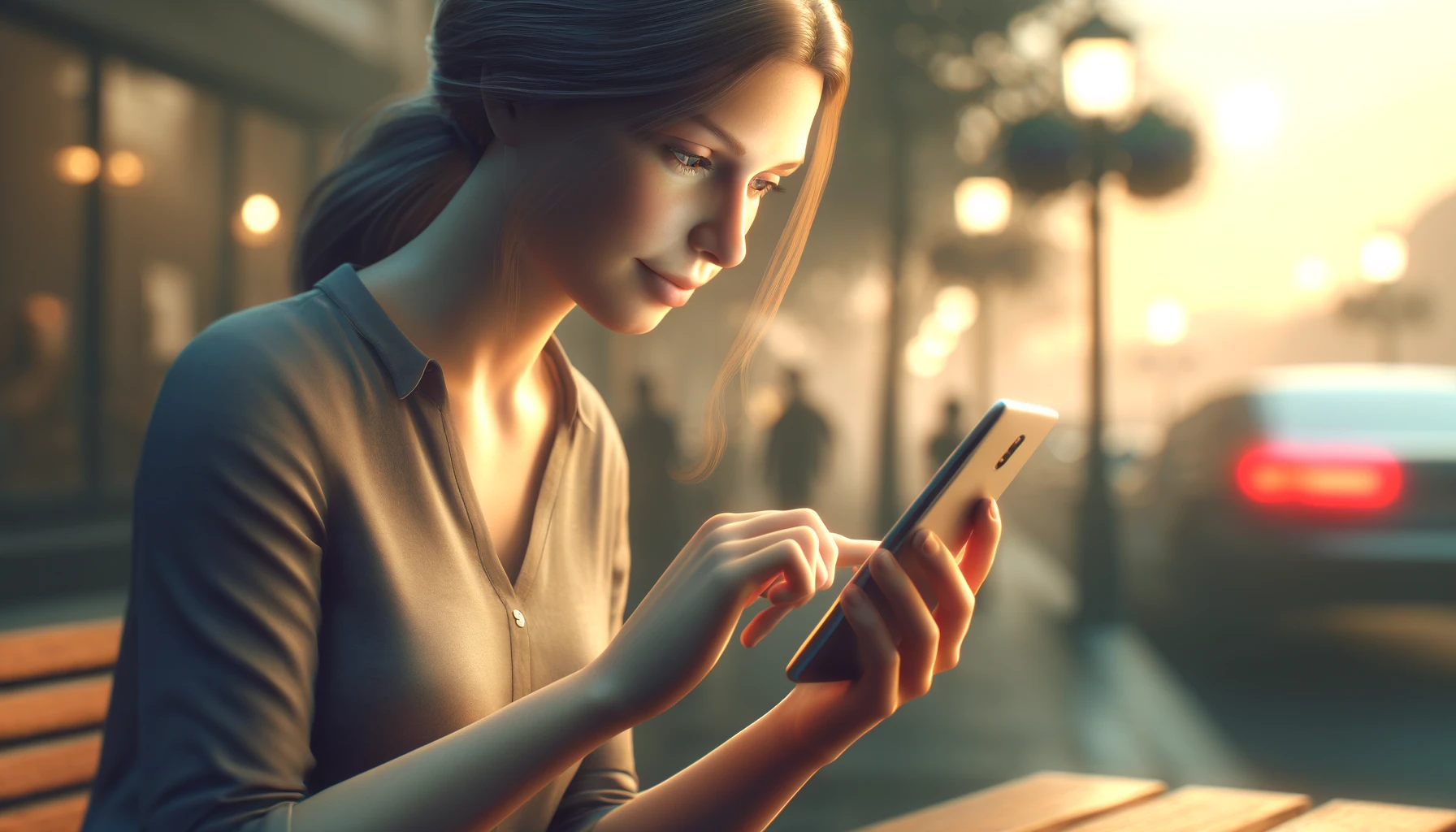 woman is using her smartphone in a casual setting, perhaps at a cafe or on a city bench
