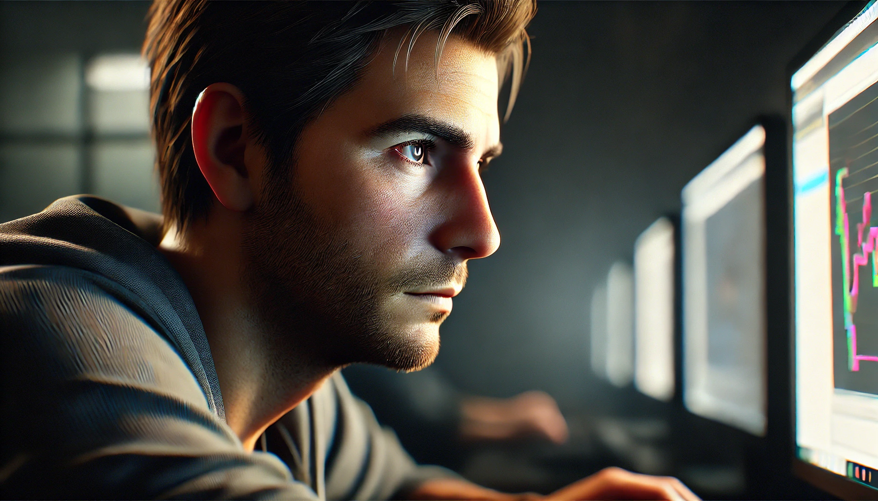 A person sitting in front of a computer, with a serious and focused expression, their face illuminated by soft ambient lighting, and the background slightly blurred.