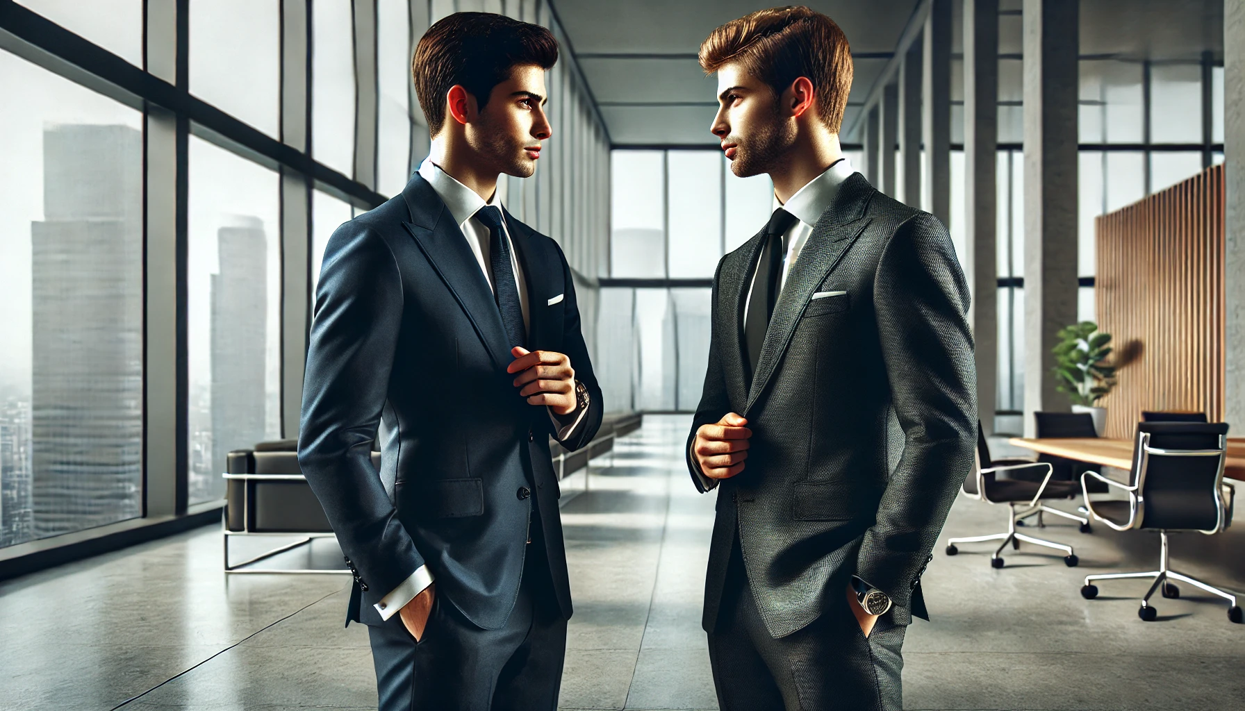 Two crypto businessmen, dressed in formal suits, stand in a modern office with their hands in their pockets, engaged in a serious discussion with a cityscape visible through large windows in the background.