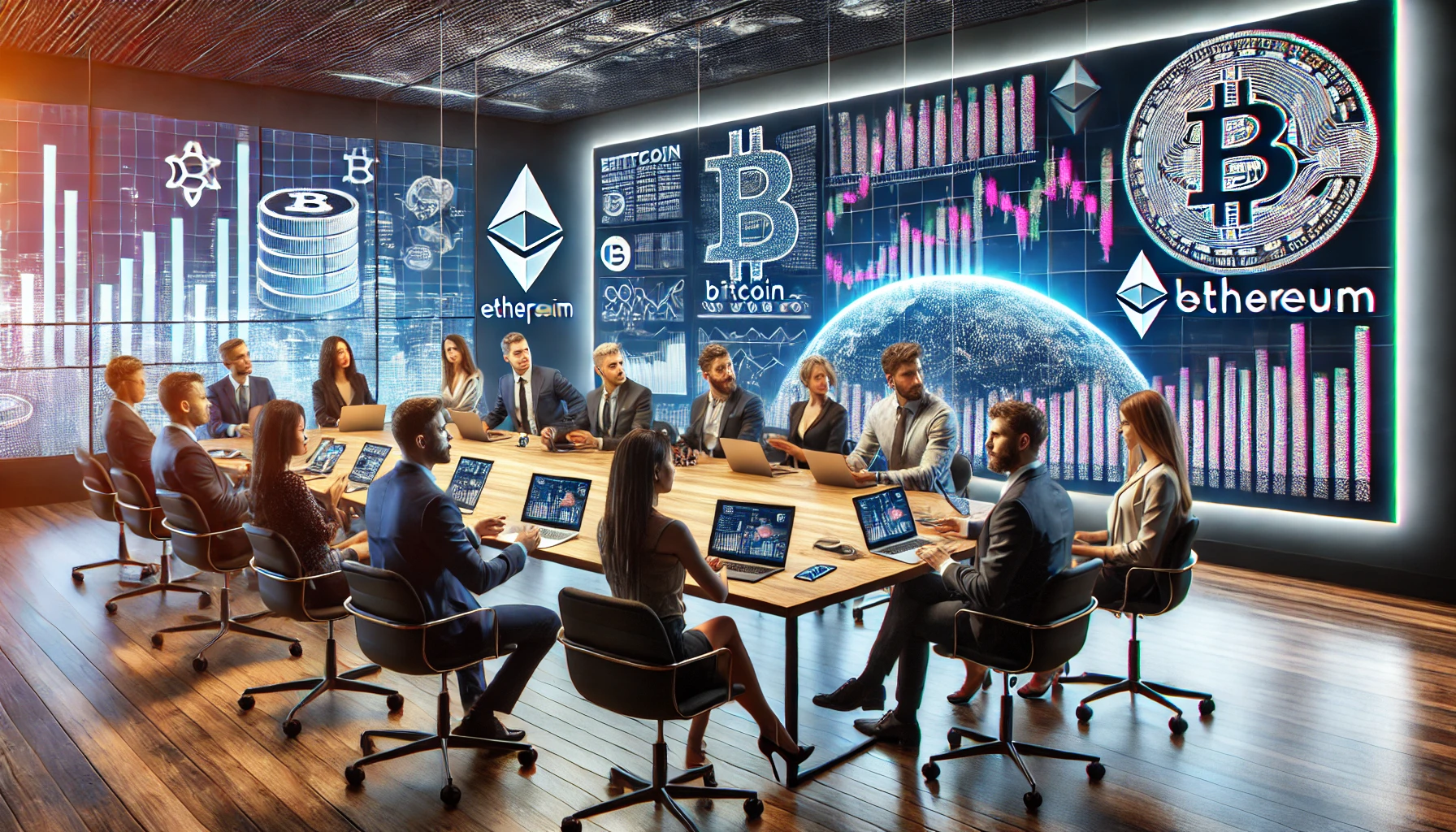 A modern, sophisticated setting depicting a group of diverse individuals learning about cryptocurrency, focused on a large digital display showing live cryptocurrency market trends.