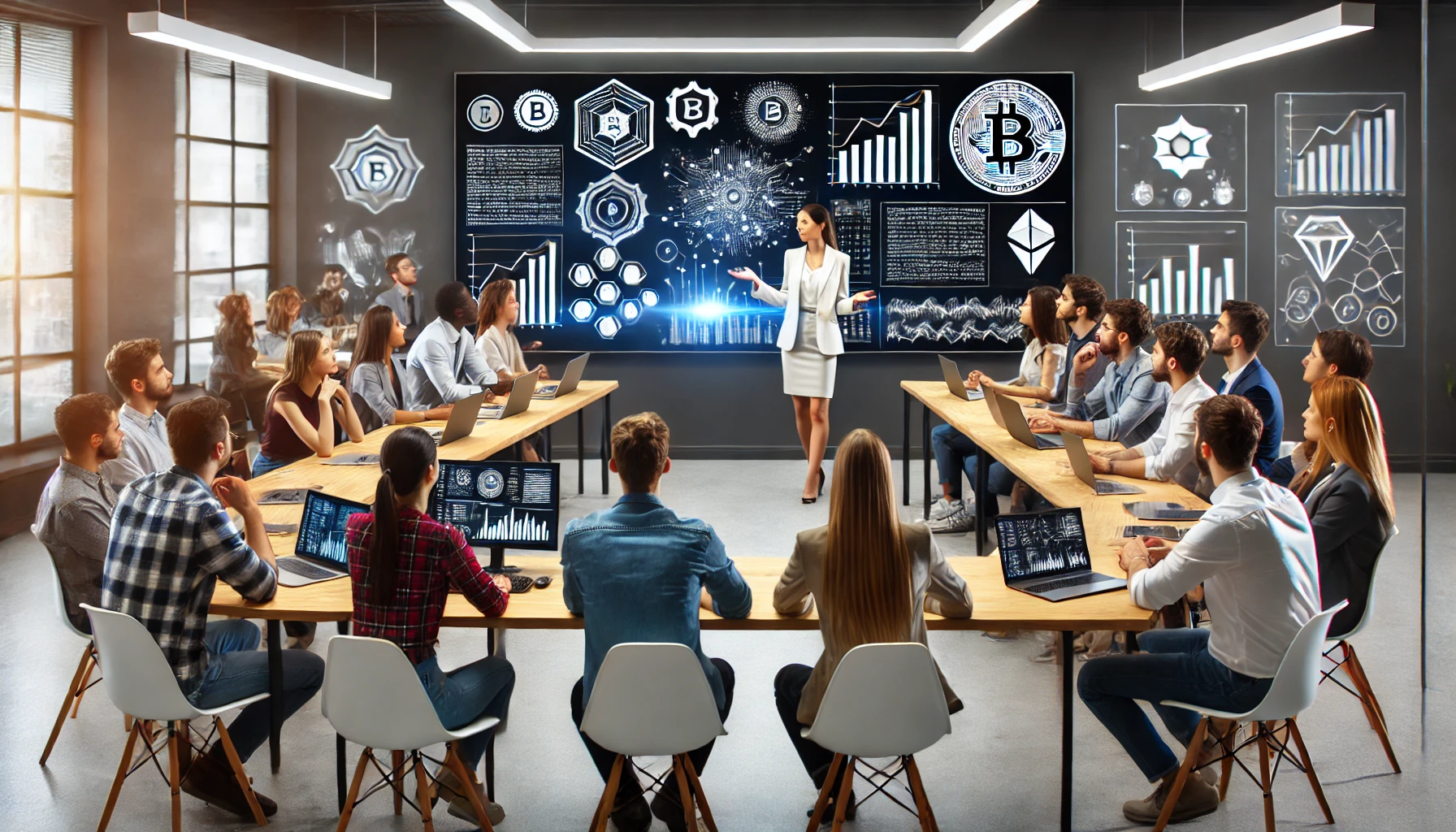 A dynamic seminar scene focused on cryptocurrency education, featuring a diverse group of young adults attentively listening to a female expert explaining blockchain technology.