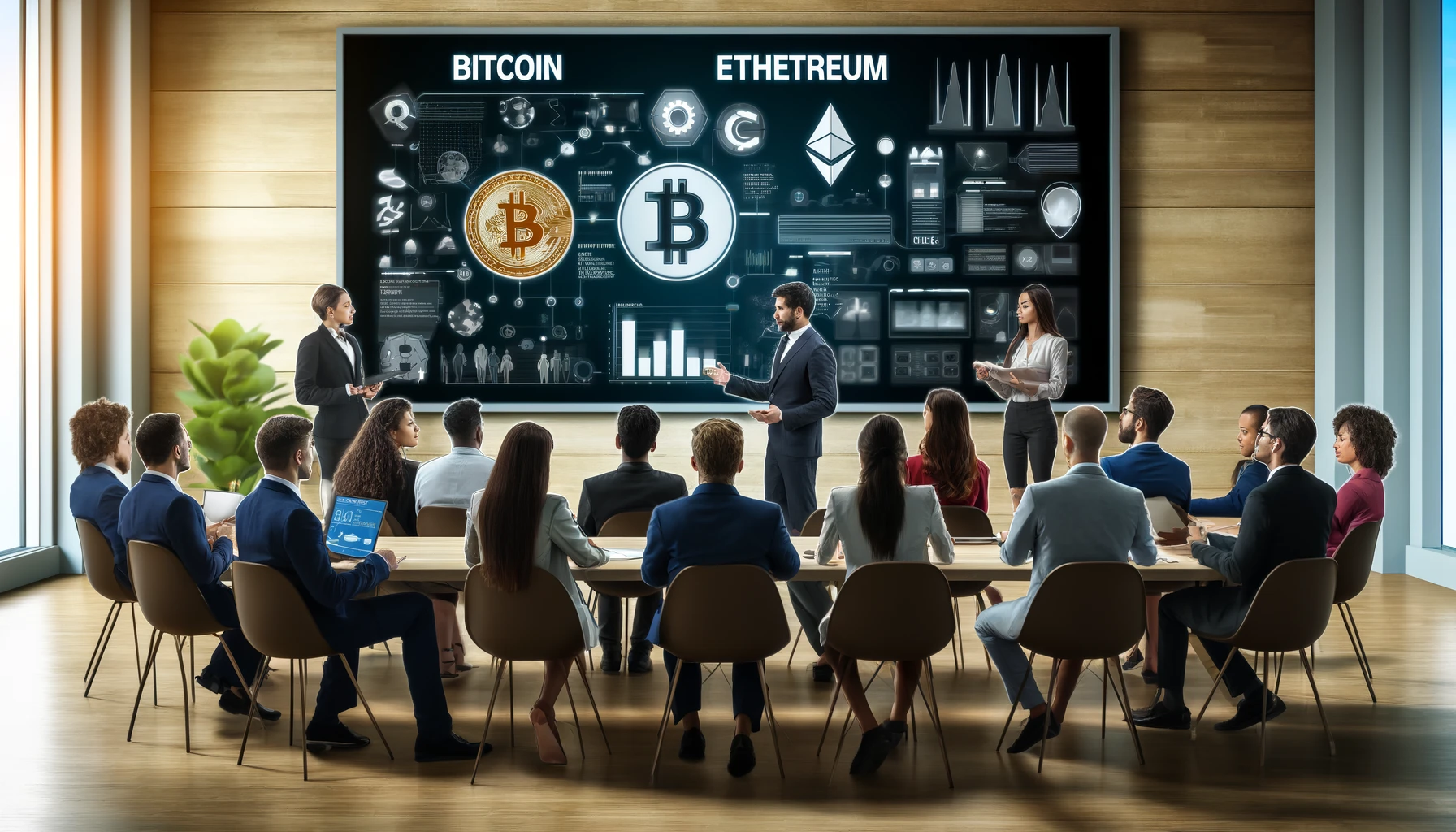 A professional business setting with a group of diverse individuals engaged in a discussion or seminar about Bitcoin and Ethereum.