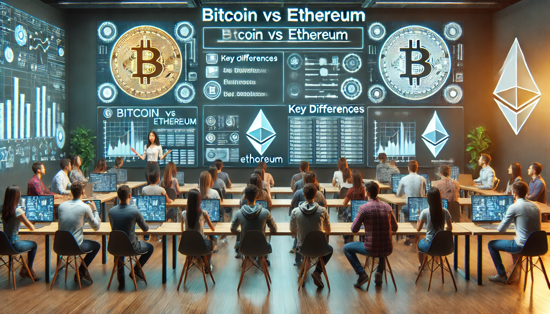 A high-tech seminar room where a dynamic presentation on cryptocurrency, specifically Bitcoin versus Ethereum, is taking place.
