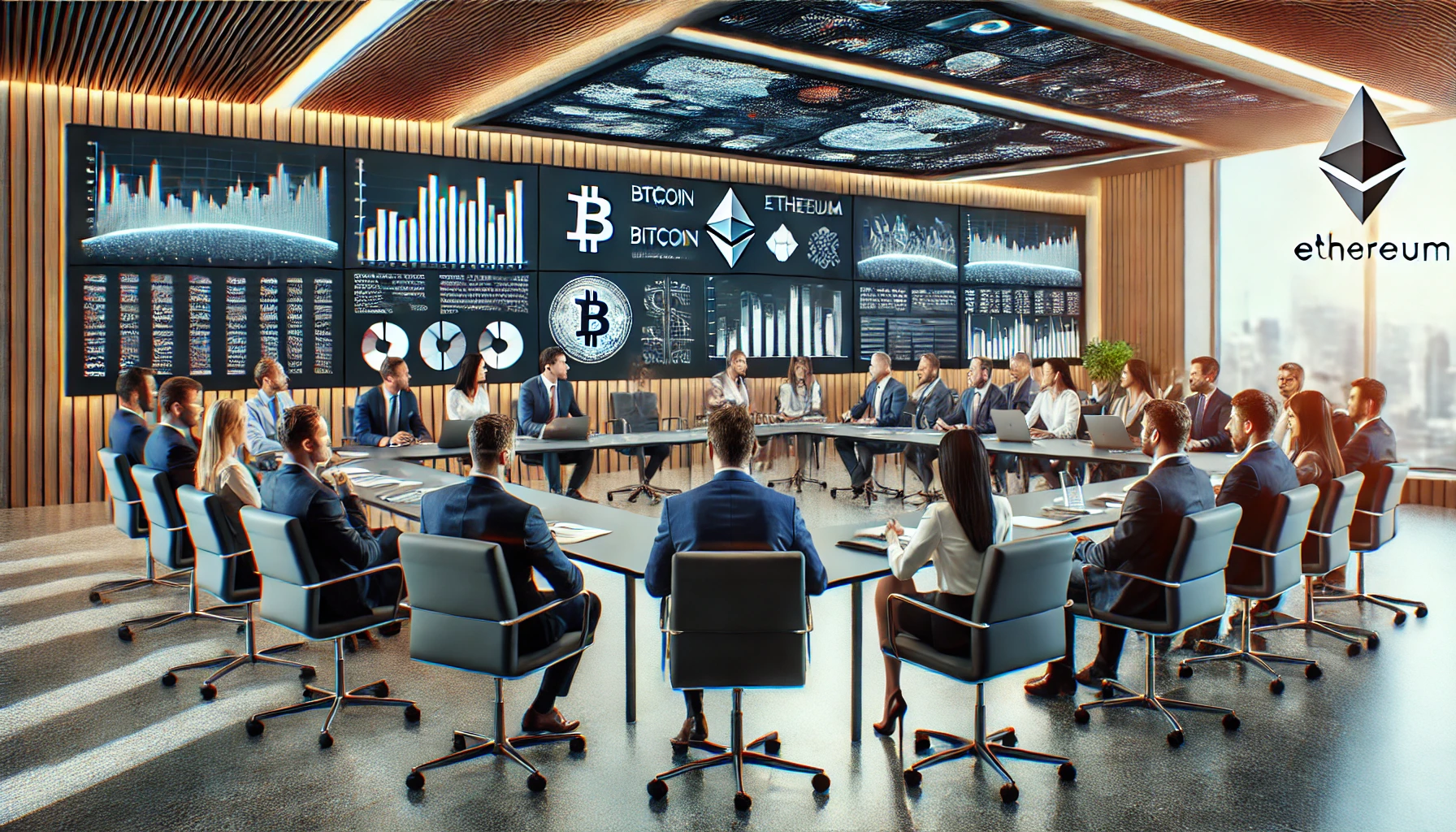 A modern financial conference room during a presentation on the impact of cryptocurrency on the global economy, featuring professionals from various sectors engaged in a discussion.