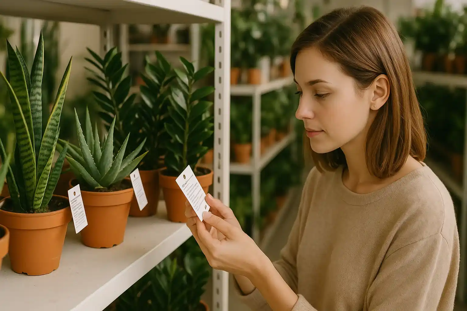  A young woman examines care tags while choosing easy-care houseplants like aloe, snake plant, and ZZ plant at a garden store.