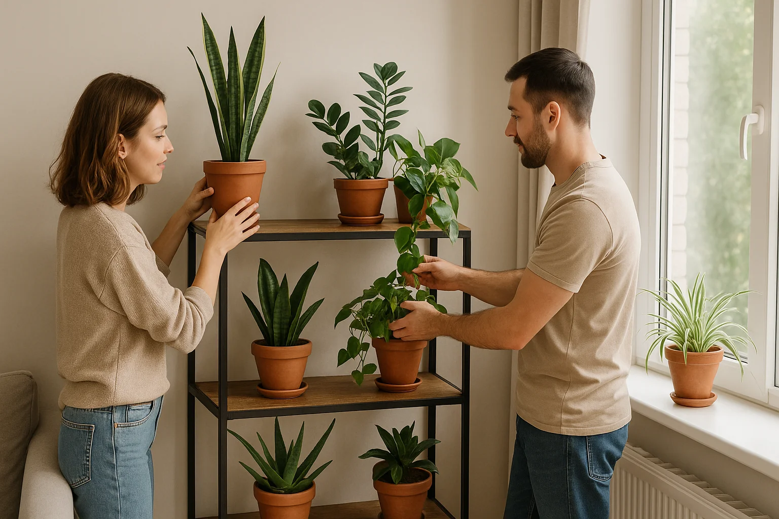 A couple arranges low-maintenance indoor plants on shelves and the windowsill, creating a cozy green corner at home.