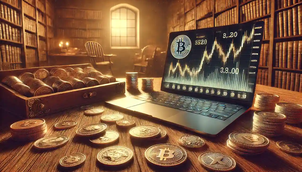 an antique wooden table with scattered rare coins and a modern laptop displaying a cryptocurrency market chart.