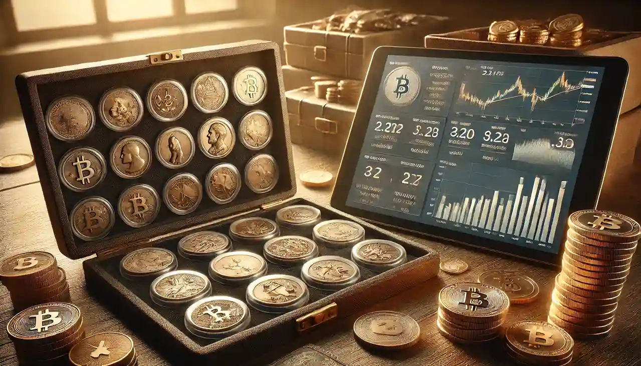 a desk that features rare coins in protective cases, alongside a digital tablet displaying a live cryptocurrency chart.