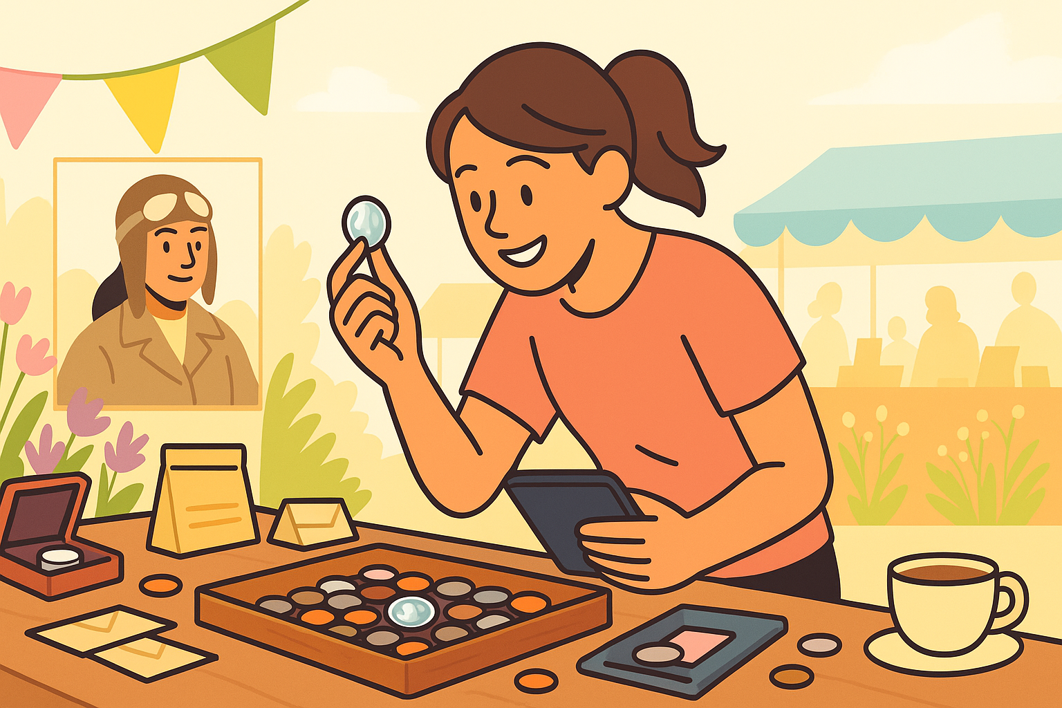 A young woman searches for dimes in a flea market.