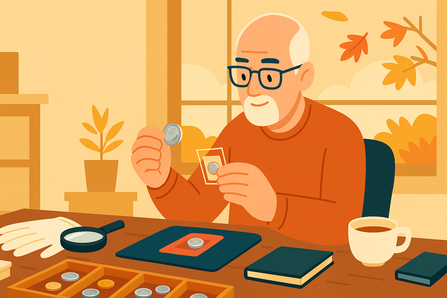 An old numismatist reviews his collection in a cabinet.